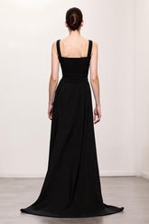 Schwarzes Langes Etui Gerafftes Abendkleid mit Trägern